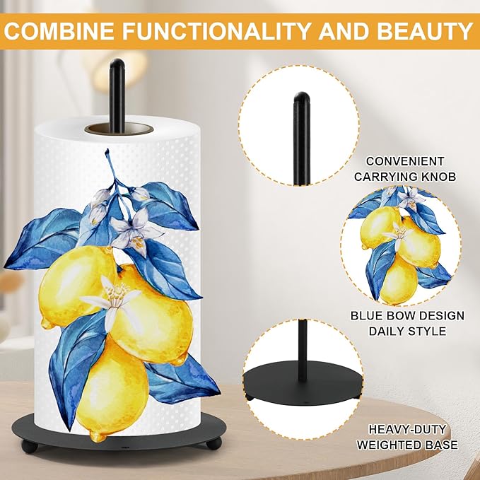 JarThenaAMCS Lemon Paper Towel Holder Yellow Lemon Blue Leaves Kitchen Decor Accessories Large Metal Towel Holder Stand for Summer Home Party Bathroom Countertop