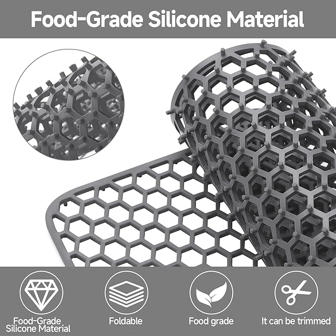 Myirxcv Sink Protectors for Kitchen Sink - 28.62" x 15.98" Silicone Mat - Can DIY Drain Holes - Non-slip Heat Resistant Liner for Bottom of Farmhouse Porcelain Stainless Steel（Grey）