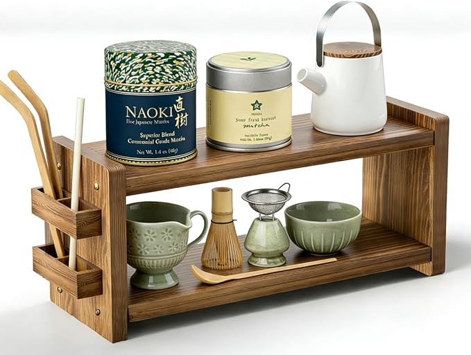 Coffee and Matcha Station Organizer for Home Kitchen Office Countertop - 2 Tier Solid Wooden Shelf Organizer with Straw Holder for Matcha, Pods, Sugar, Tea, Cups, Stirrers, Mugs Storage