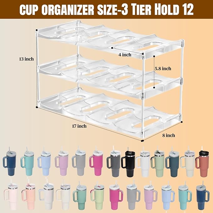 Water Bottle Organizer for Stanley 40 OZ Tumbler Cup Accessories, Clear Stackable Bottle Holder Wine Rack for Cabinet Countertop Kitchen Home Pantry Shelf Storage, 3 Tier Hold 12 Bottles