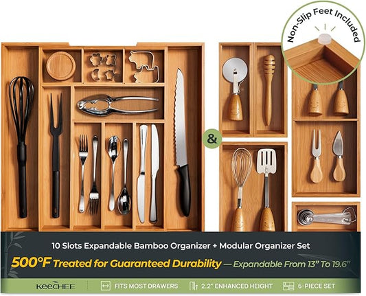 6-Piece Bamboo Drawer Organizer Set, 2.2" Deep Multi-Use Organizers for Utensils, Silverware, Cutlery, Desk, Bathroom, Junk Drawer & Makeup, Non-Slip Feet Included.