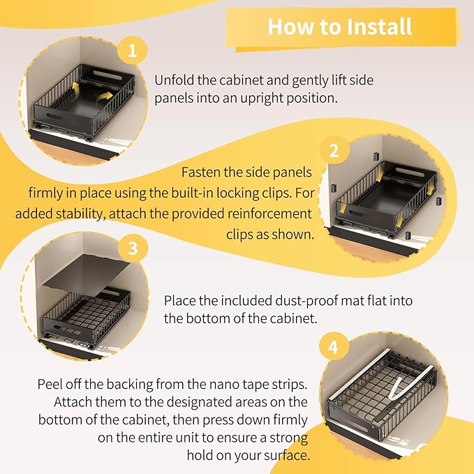 1 Pack Pull Out Cabinet Organizer, Slide Out drawers for cabinets, Heavy Duty Carbon Steel Roll Out Shelves for kitchen, bathroom, under sink, pantry (14.7’’-23.1’’ Slide, Adhesive & Screw)