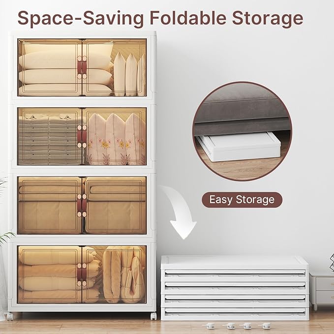 VNVTO 1280Qt Stackable Storage Bins with Lids, 8 Pack Large Collapsible Bins with Wheels, Plastic Cabinet with Doors, Foldable Closet Organizers and Storage for Home, Dorm, Office, White