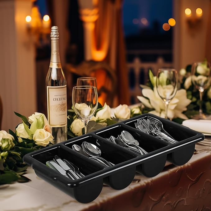 4 Pack Silverware Bin with 4 Compartment, Plastic Cutlery Trays for Restaurant, Black