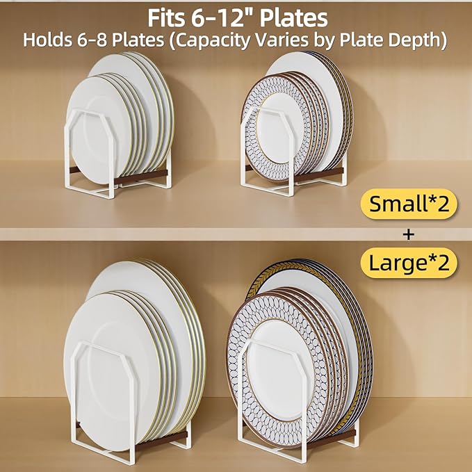 4 Pack Plate Organizer for Cabinet, Arched Dish Holder Metal Rack for Cupboard, Space Saver Dish Storage Rack, Holds 612 Inch Plates, 2 Large 2 Small, White