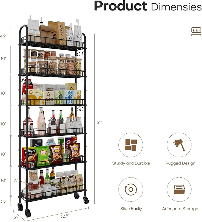 6 Tier Slim Rolling Cart with Wheels, Metal Mobile Shelving Unit Cart, Rolling Utility Carts with Storage for Kitchen, Bathroom, Pantry, Small Spaces (6 Inches-Black)