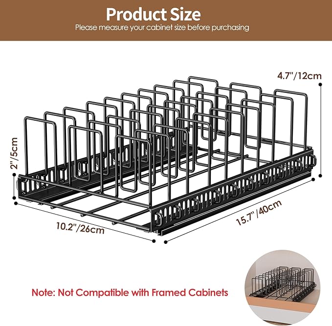 Housolution Pull Out Food Container Lid Organizer with Sliding Rail, Slide Out Plastic Lid Holder Compatible with Tupperware, Metal Storage Rack with 10 Adjustable Dividers for Cabinet, 1 Pack