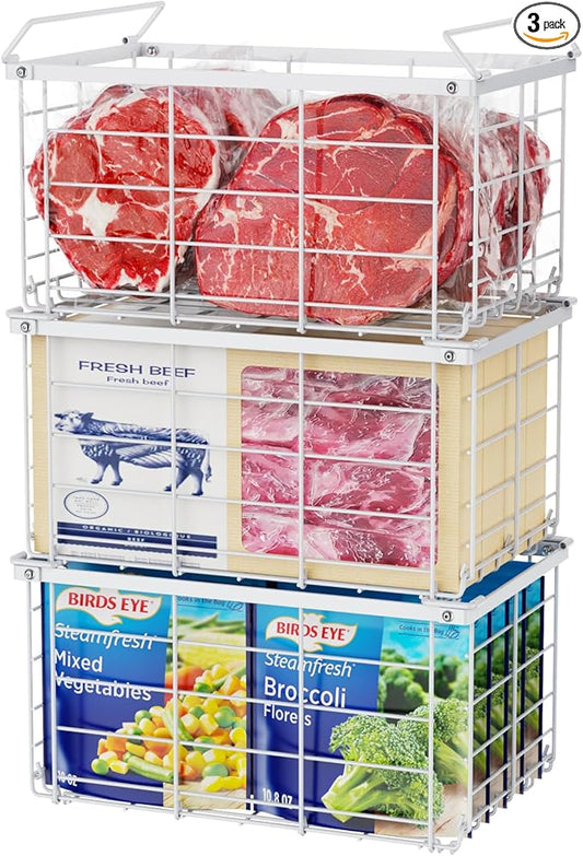 iSPECLE Deep Freezer Organizer Bins - for 5 to 7 Cu.Ft Chest Freezer, 3 Pack Easy Access Stackable Freezer Organizer Bins with Handles, Heavy Duty for Meat and Frozen Food, Assembly Required, White