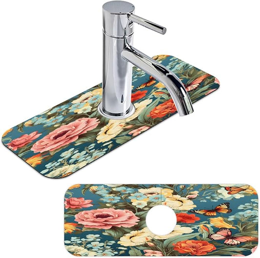 Vivid Flora Butterfly Blend Kitchen Faucet Mat Splash Guard, 15.4”x5.7” Absorbent Quick Drying Sink Mat for Countertop Protection, Draining Mat Sink Protectors For Kitchen Bathroom, 1 Pack