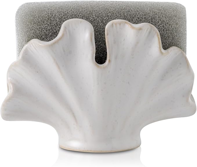 Ceramic Sponge Holder,Sponge Holder for Kitchen Sink,Compact Sink Caddy Organizer-Scouring Pad and Dish Sponge Holders,Farmhouse Kitchens Decor Cute Kitchen Gadgets Accessories(White)