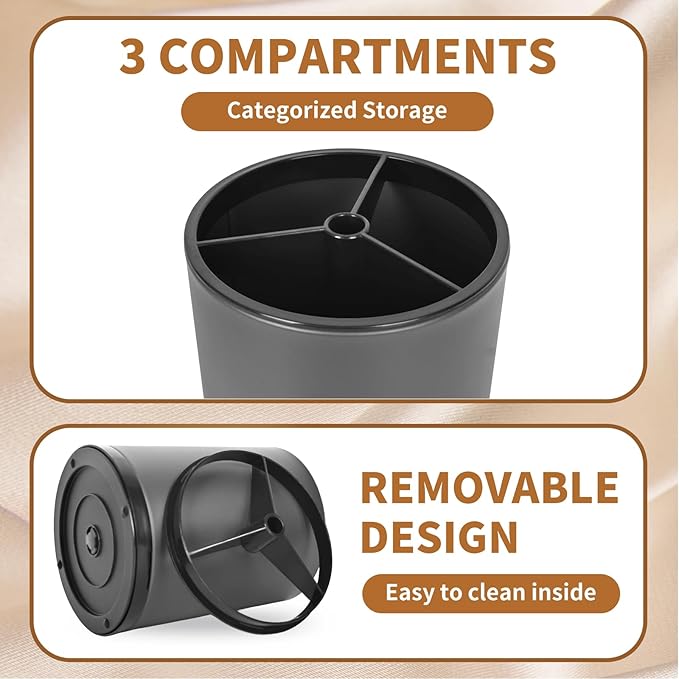 Extra Large Kitchen Utensil Holder - 360° Rotating Stainless Steel Cooking Utensil Holder for Countertop, 3 Compartment Flatware Organizer & Utensil Caddy with Removable Base（Grey）