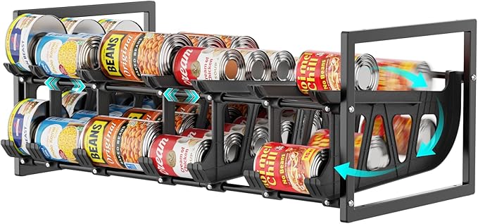 iSPECLE Can Organizer for Pantry with Adjustable Dividers, Fit Various Food Cans Sizes, Hold 60 Cans Auto Rolling Easy Access, Extendable Can Storage Organizer Better Fit Pantry Shelf Space, Black