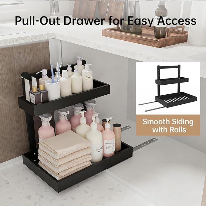Bamboo Undersink Organizer Storage - 2-Tier Cabinet Shelf with Adjustable Levels, Under Sink Storage Slide Out for Cabinet Pantry Kitchen Bathroom