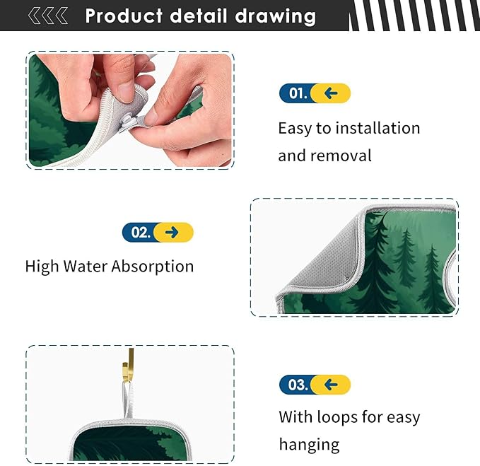 2 PCS Kitchen Sink Splash Guard 23.6 Inch Faucet Mat for Kitchen Sink Bathroom Sink Faucet Absorbing Drip Drain Mat Pad Microfiber Soft Washable Green Mountain Forest Trees