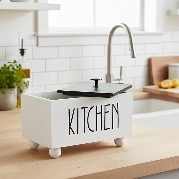 Solid Wood Farmhouse Kitchen Storage Bin with Lid – Rectangular Organizer Box for Countertop or Pantry – Stylish Kitchen Decor & Accessories