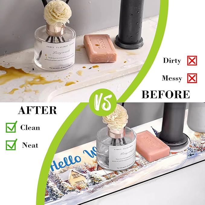 Chrismas Sink Faucet Absorbing Mat Hello Winter Sink Splash Guard Drying Mat for Kitchen Bathroom Faucet Sinkmat 23.5"X5.5"