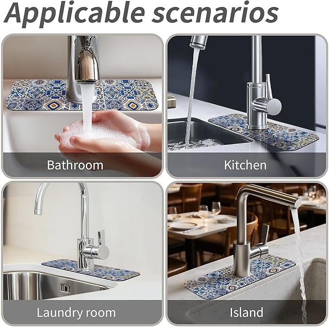Kitchen Sink Splash Guard，Traditional Moroccan tiles Faucet Mat Sink Gadgets-Super Absorbent Fast Drying Mat Drip Catcher for Kitchen, Bathroom,Sink Mat, Dish Drying Mat, Bathroom(15" X 5.5" )