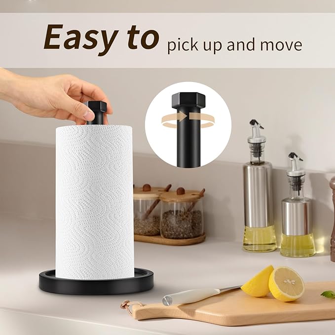 Paper Towel Holder Countertop, Stainless Steel Paper Towel Holder -Weighted Base, One-Handed Tear, Black Kitchen Roll Holder, Non-Slip Protect The countertop-New Black