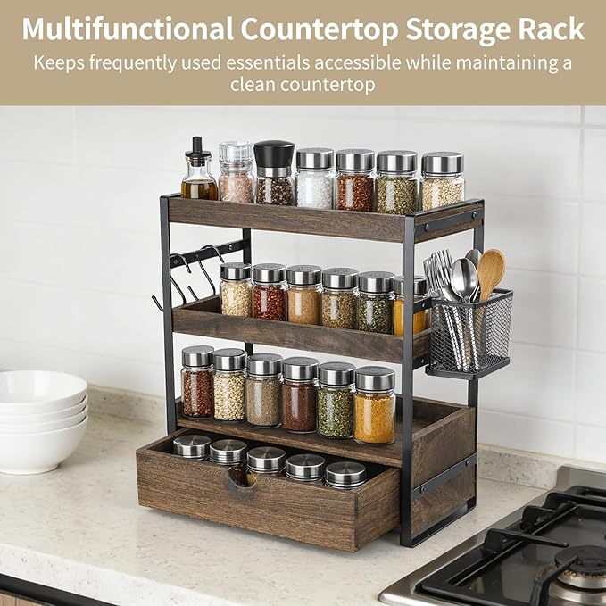 3 Tier Bathroom Countertop Organizer with Drawer, Wood Metal Vanity Shelf with Basket and Hooks, Countertop Storage Rack for Skincare, Perfume, Makeup, Kitchen Coffee Bar