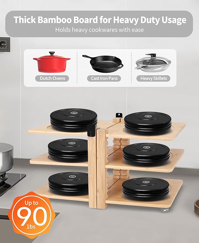 Pot and Pan Organizer under Cabinet - Collapsible Wood Pot Organizers inside Cabinet for Heavy Duty - 6-Tier Adjustable Pan Pack - Perfect to Store Pots/Pans/Lids
