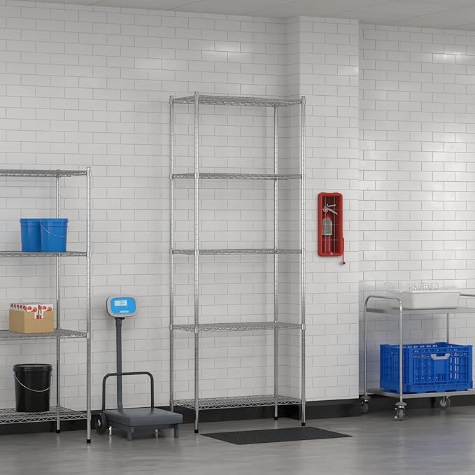 Commercial NSF Listed Chrome Stationary Wire Shelving Kit 18" x 36" x 96", with 5 Shelves Perfect for Warehouse, Walk-in Refrigerator, Freezer, Grocery Store, Restaurant, Dishroom