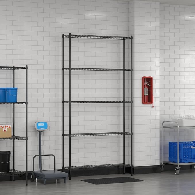 Commercial NSF Listed Black Epoxy Stationary Wire Shelving Kit 12" x 48" x 96", with 5 Shelves Perfect for Warehouse, Walk-in Refrigerator, Freezer, Grocery Store, Restaurant, Dishroom