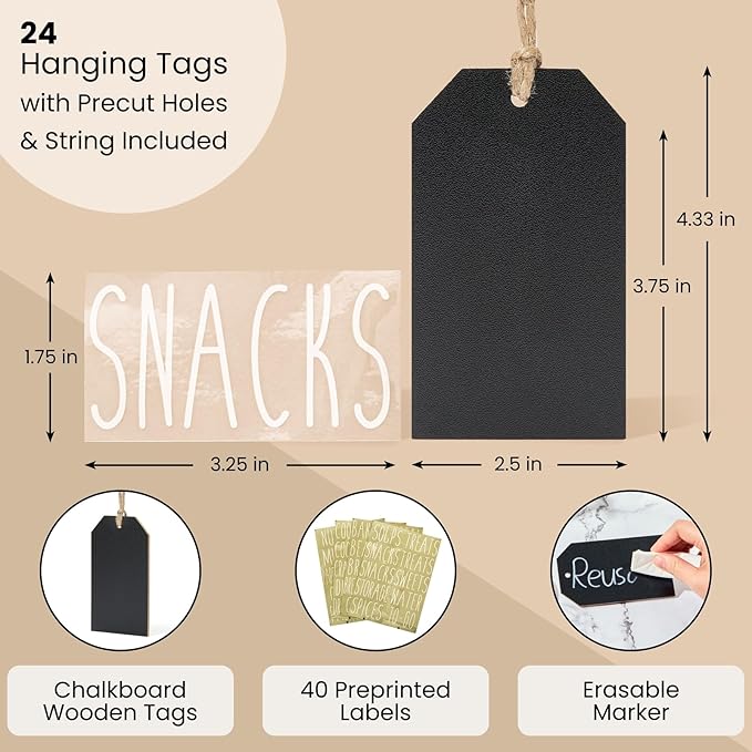 Talented Kitchen Black Wooden Tags - 4.33 x 2.5 in, Black, 24 Pack - Pantry Hanging Labels & Decorative Chalkboard Labels with Jute String for Baskets, Bins & Jars