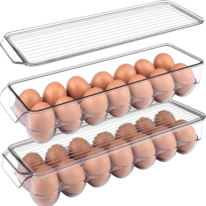 Clear Egg Container, with lid and Handle for Refrigerator organization, Pack of 2, 28 Eggs, for Kitchen or Pantry organizers and storage, Stackable Egg holder for fridge, Egg Tray, Space Saving