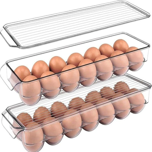 Clear Egg Container, with lid and Handle for Refrigerator organization, Pack of 2, 28 Eggs, for Kitchen or Pantry organizers and storage, Stackable Egg holder for fridge, Egg Tray, Space Saving