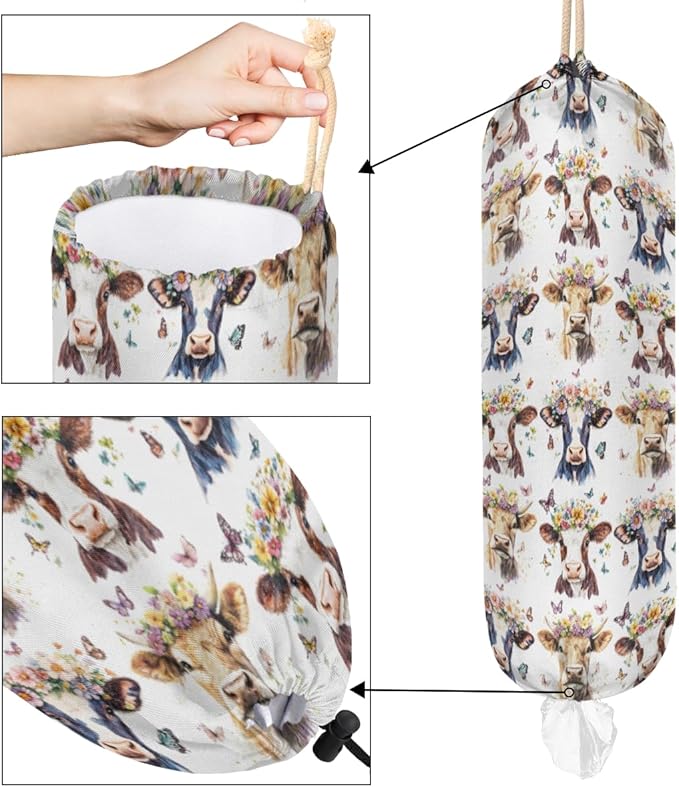 Plastic Bag Holder Butterfly Flower Highland Cow Wall Mount Grocery Bag Holder Wasgable Plastic Bag Dispenser Garbage Bag Organizer for Home Kitchen Decor, Gifts for Women Mom Family Friends