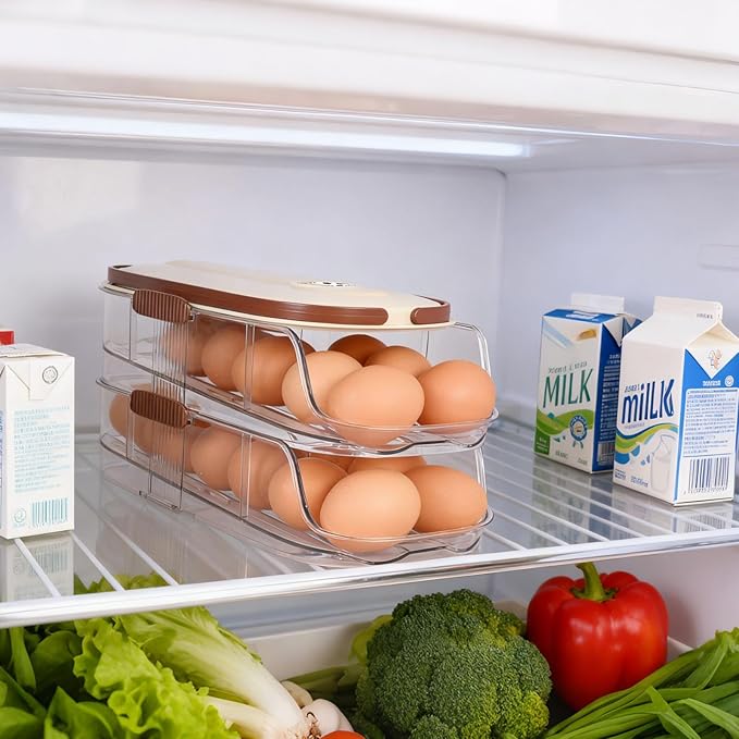 Automatic Rolling Egg Holder for Fridge 2-Layer Stackable Egg Organizer for Refrigerator Clear BPA-Free Egg Container with Lid Large-Capacity Egg Dispenser & Egg Storage Rack Holds 28 Eggs