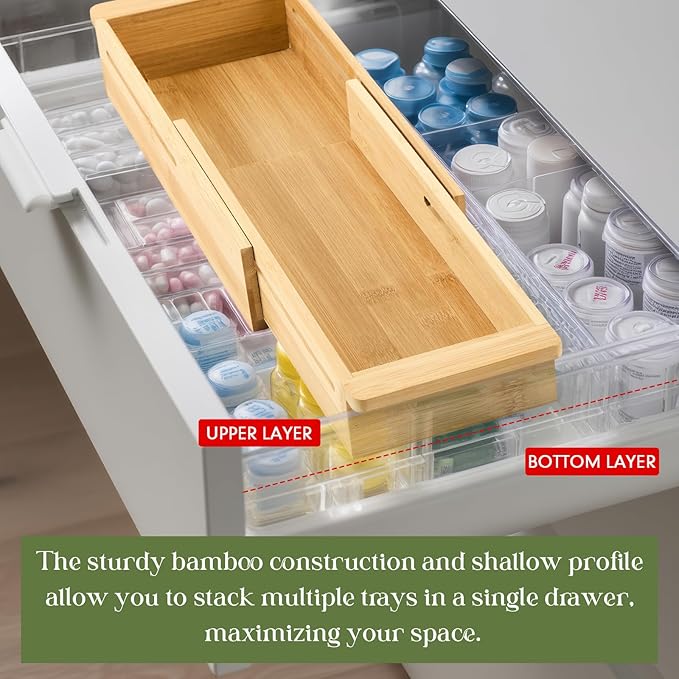 LemonRoad 1 Pcs Sliding Drawer Organizer Bin Bamboo Drawer Expandable Bins Utensil Organizer in Kitchen for Spoons Forks Knives