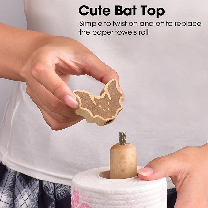 KitchLife Cute Wooden Paper Towel Holder Countertop - Solid Freestanding Paper Towel Dispenser Stand Organizer with Anti-Skid Base (Bat)