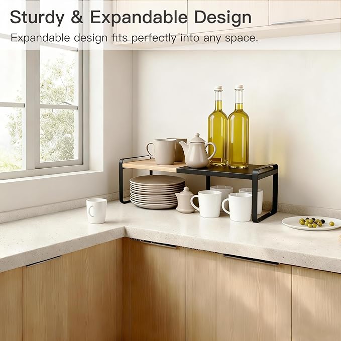Countertop Spice Rack & Cabinet Shelf Organizer, Metal Desk Shelf Riser for Office, Industrial Black Desktop Stand for Computer Monitor, Printer & Keyboard Storage (Black)