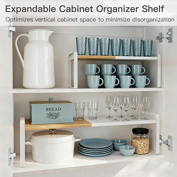 Cabinet Shelf Organizer, Expandable Riser for Kitchen Counter, Stackable Shoe Shelf Entryway, Bamboo Cupboard Pantry Rack, Bathroom Storage (Natural Bamboo & White, 1 Pack)