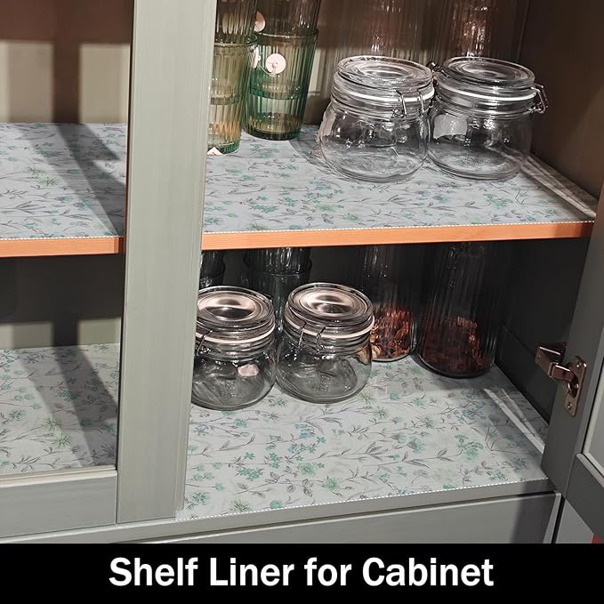 Amiitay Blue and Green Floral Shelf Liners Non Adhesive and Strong Non-Slip Shelf and Drawer Liners for Kitchen Cabinet Wire Fridge, Waterproof Shelf Drawer Liner,Easy to Clean,12IN x 10FT