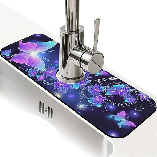Kitchen Sink Splash Guard，Neon Butterfly Faucet Mat Sink Gadgets-Super Absorbent Fast Drying Mat Drip Catcher for Kitchen, Bathroom,Sink Mat, Dish Drying Mat, Bathroom(15" X 5.5" )