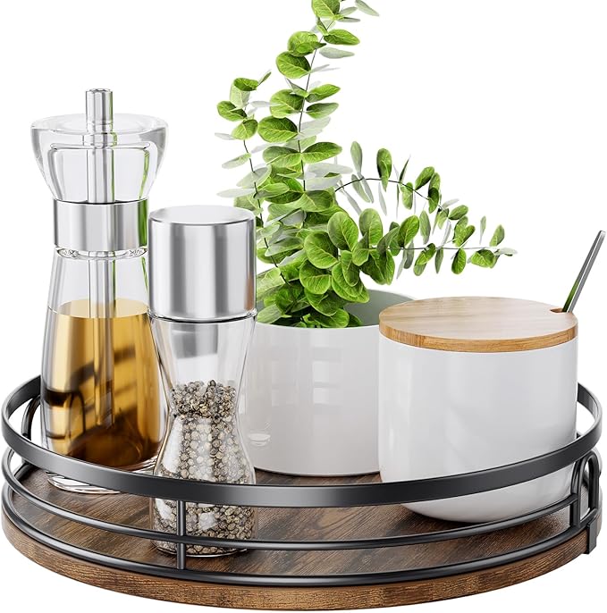 LAMU 9'' Lazy Susan Turntable Organizer for Cabinet, Round Wood Lazy Susan for Table Top, Kitchen, Countertop, Pantry, Spice, Bathroom Vanity, Coffee, Decor