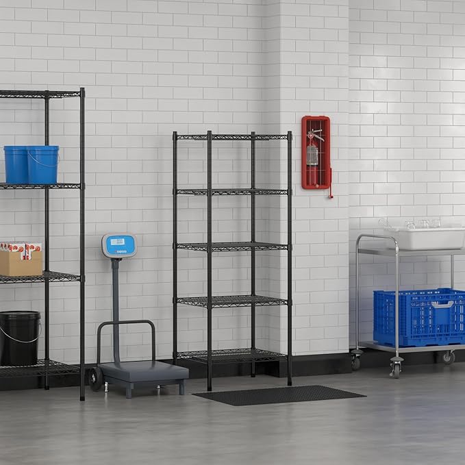 Commercial NSF Listed Black Epoxy Stationary Wire Shelving Kit 21" x 24" x 64", with 5 Shelves Perfect for Warehouse, Walk-in Refrigerator, Freezer, Grocery Store, Restaurant, Dishroom