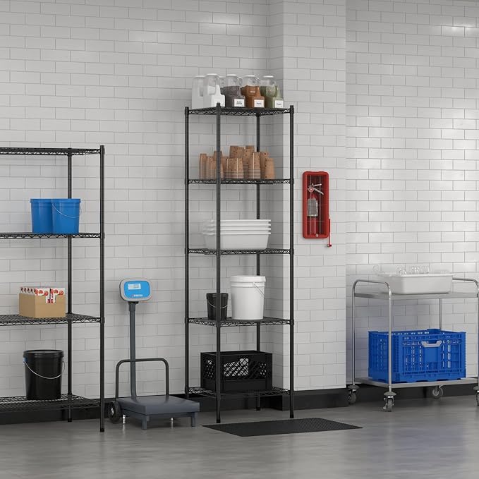 Commercial NSF Listed Black Epoxy Stationary Wire Shelving Kit 21" x 24" x 86", with 5 Shelves Perfect for Warehouse, Walk-in Refrigerator, Freezer, Grocery Store, Restaurant, Dishroom