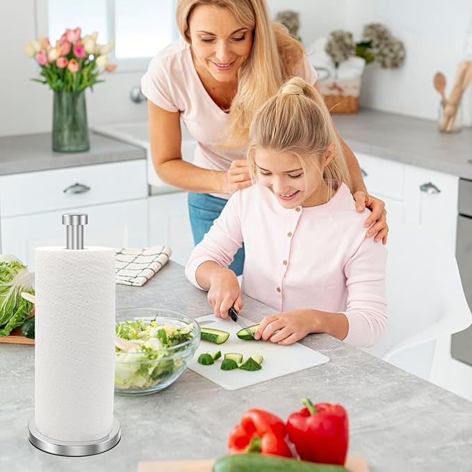 Paper Towel Holder, Standing Paper Towel Roll Holder for Kitchen Bathroom, Steady Paper Towel Holder Countertop with Solid Weighted Base, Stainless Steel Paper Towel Holders (Silver)
