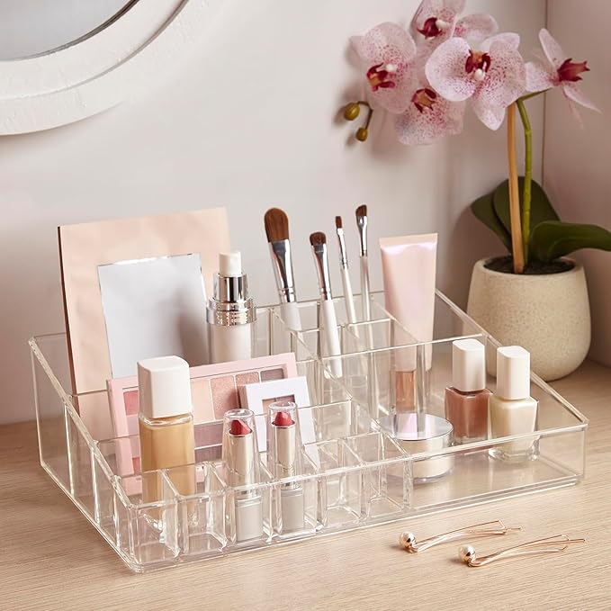 STORi Audrey Clear Vanity Makeup Organizer | 15-Compartment Holder for Brushes, Eyeshadow Palettes, & Beauty Supplies | Stacks on Audrey Storage Drawers | Made in USA | Vanity, Holder