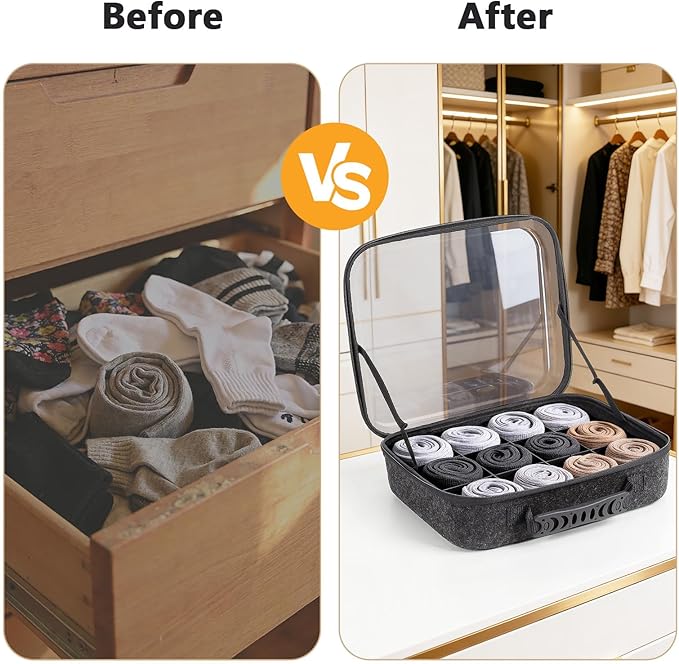 Sock Tie Storage Organizer Box with Clear Lid, 12 Compartment Removable Divided Drawer Organizer for Tea Bag and Threads, Eco-Friendly Felt Case, Gift for Men & Women