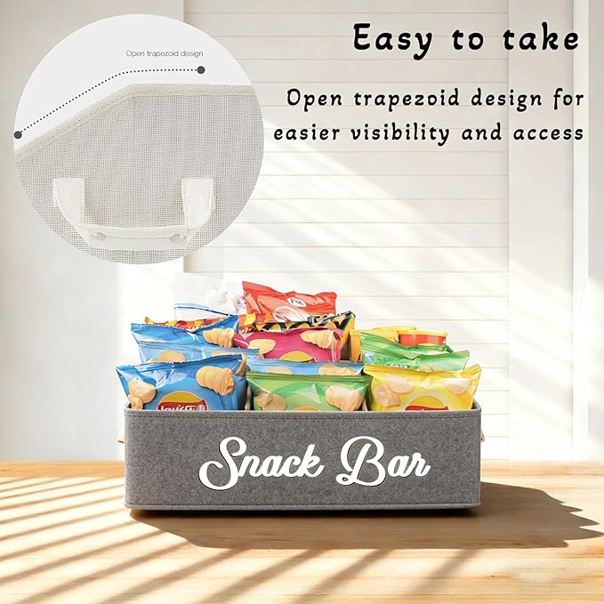 Snack Organizer for Countertop, Snack Basket with Adjustable Compartments via Velcro, 6 Compartment Food Container, Basket for Snacks with PU Handles, Gray