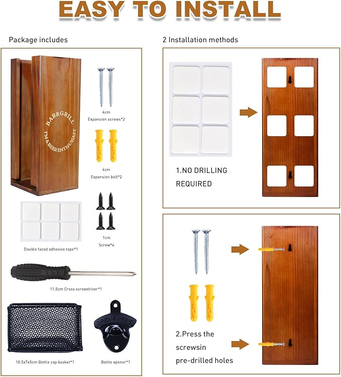 3-in-1 Can Cooler Holder with Bottle Opener - Wooden Beer Can Sleeves Organizer & Dispenser - Wall Mounted Beer Can and Bottle Cooler Storage - Ideal for Home Bars and Parties(Wood)