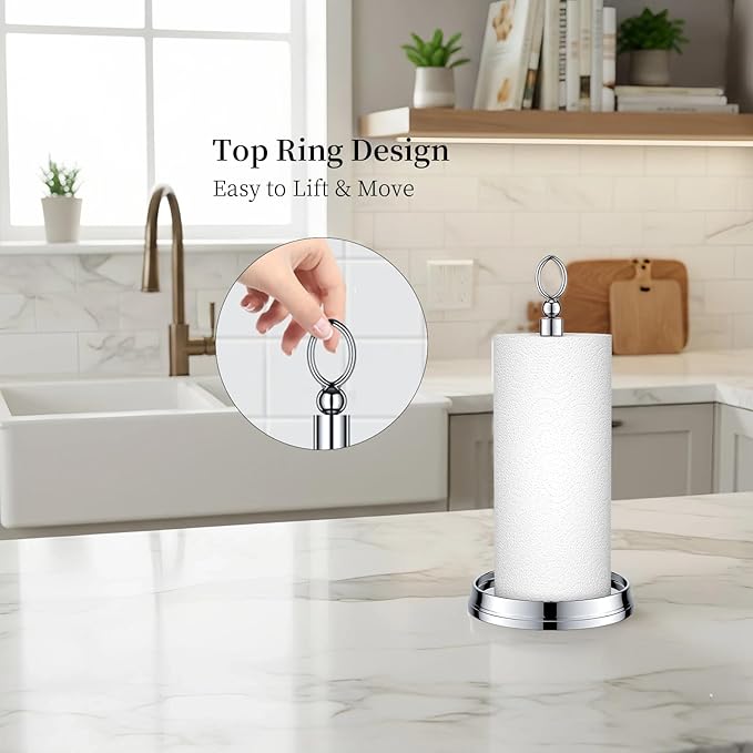 Paper Towel Holder (with Heavy Weighted Base) Steel Paper Holder countertop，Black Paper Towel Holder for Kitchen Countertops, Bars & Dining Tables,Fits Standard & Jumbo Rolls,Chrome
