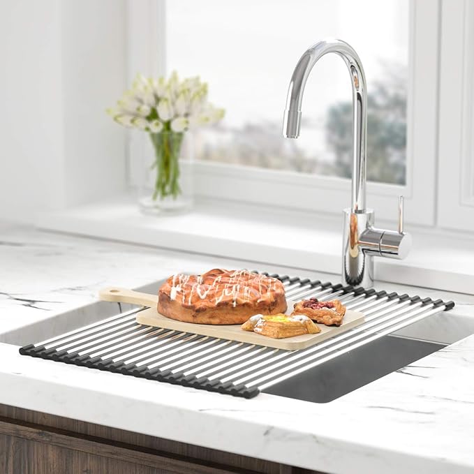 SunCleanse Roll Up Dish Drying Rack, Over The Sink Dish Drying Rack Kitchen Rolling Dish Drainer, Foldable Sink Rack Mat for Kitchen Sink Counter (17.8"x11.8")