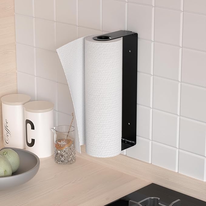 Paper Towel Holder Under Cabinet, Wall Mount Paper Towels Holder for Kitchen Under Counter, Self Adhesive and Drilling, Heavy-Duty Hanging Paper Towel Roll Holder Inside Cabinet Door, Black