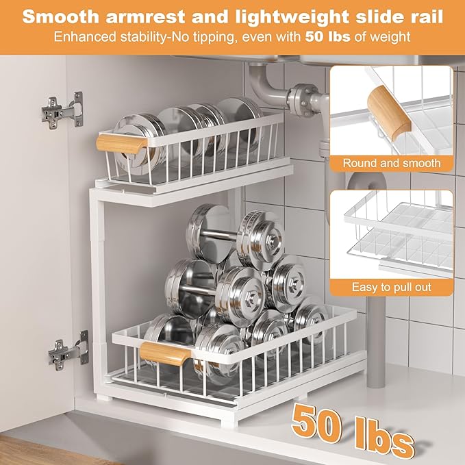 Under Sink Organizer, Pull Out Cabinet Organizer 2 Tier Slide Out Sink Shelf Cabinet Storage Shelves,Kitchen & Bathroom Organizers,Metal (White, 1 Pack-14.6 * 10.6 * 16.5in)