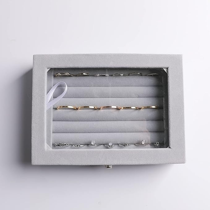 Frebeauty Rings/Earring Organizer Tray with Clear Lid,7 Slots Ring Box Velvet Ring Holder Drawer Insert Jewelry Storage Box Jewelry Display Case Jewelry Box Gift for Women and Girls(Grey,7 Slots)